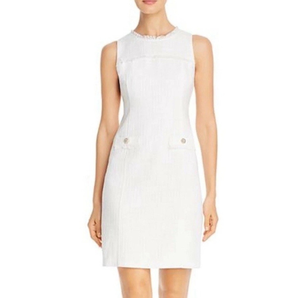 NEW Karl Lagerfeld Paris Fringe Trim Tweed White Dress Women's Size 2
